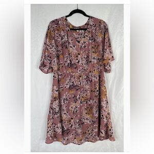 DR2 Floral Dress Women XL Dust Rose Shirt Bell Sleeve Knee Length Casual